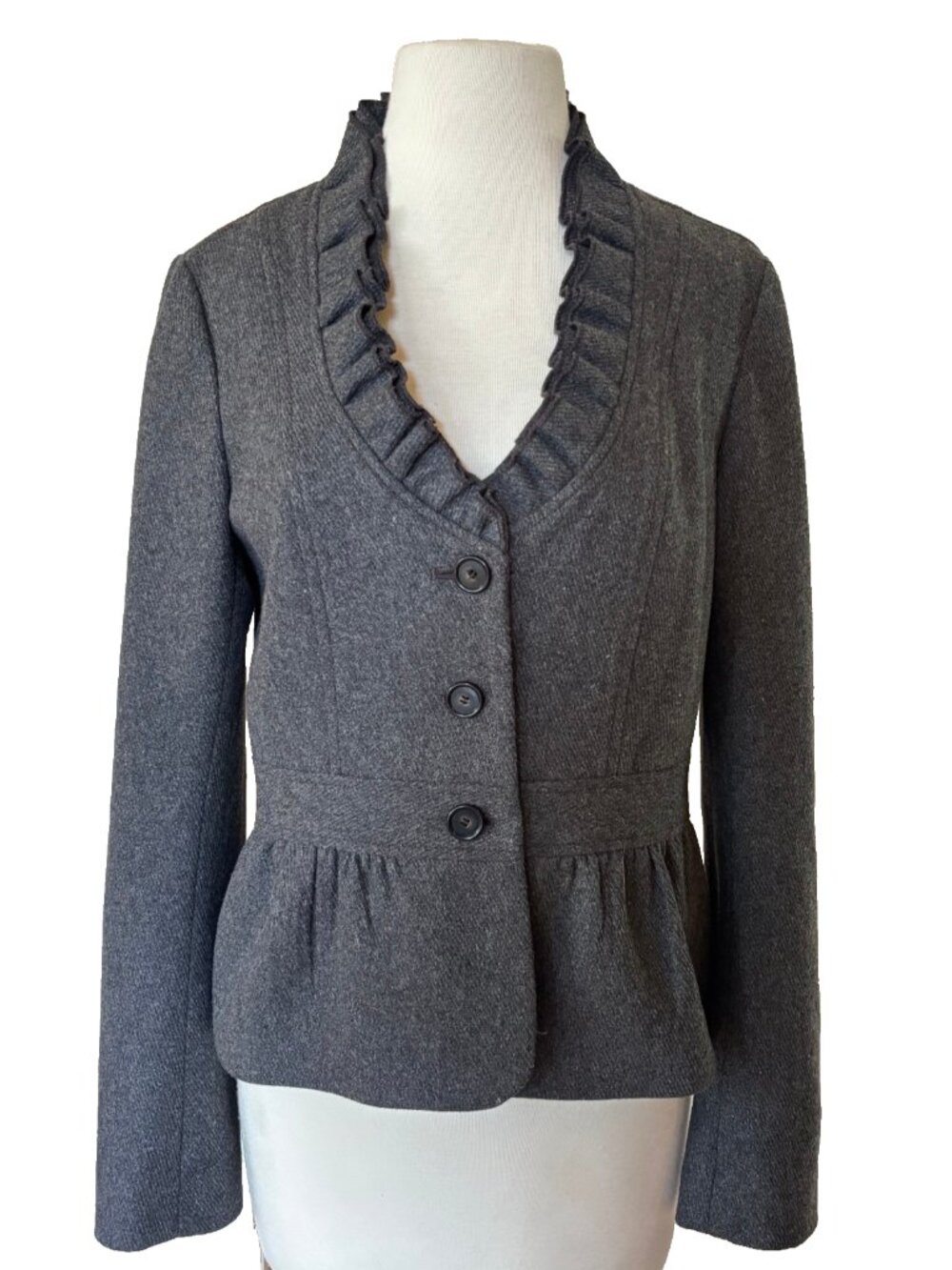 Vintage Grey Ann Taylor Loft Wool Tweed Blazer Ruffle Edge Fitted Waist Academia